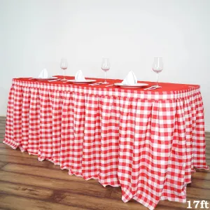 17FT Perfect Picnic Inspired White/Red Checkered Polyester Table Skirt For Wedding Party Event