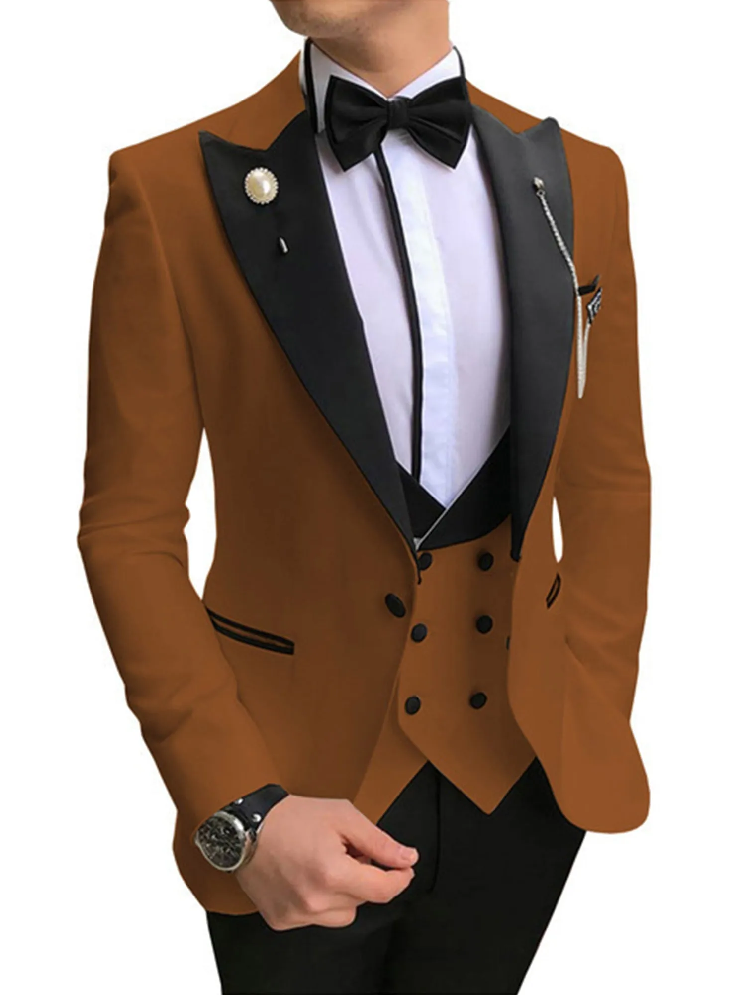 3 Piece Black Peak Lapel Single Breasted Men Suit