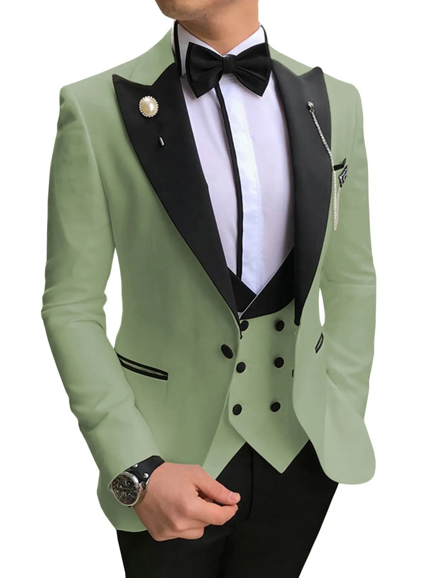 3 Piece Black Peak Lapel Single Breasted Men Suit