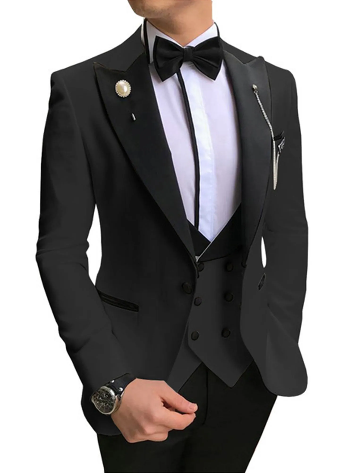 3 Piece Black Peak Lapel Single Breasted Men Suit