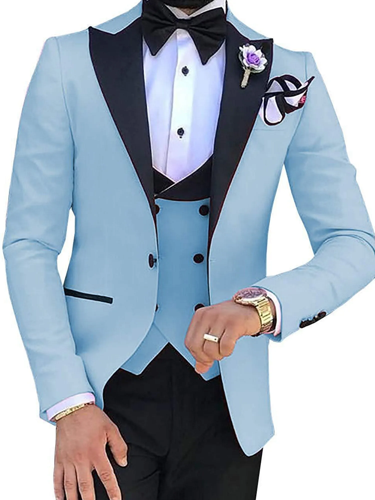 3 Piece Black Peak Lapel Single Breasted Men Suit