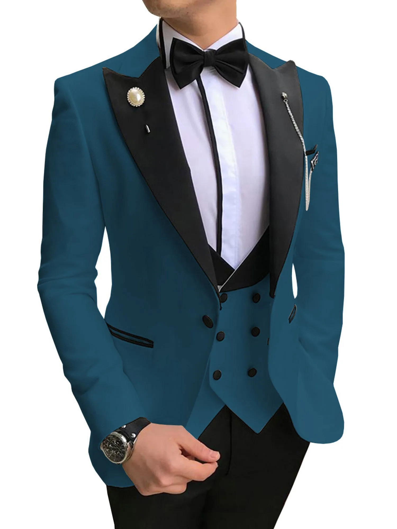 3 Piece Black Peak Lapel Single Breasted Men Suit