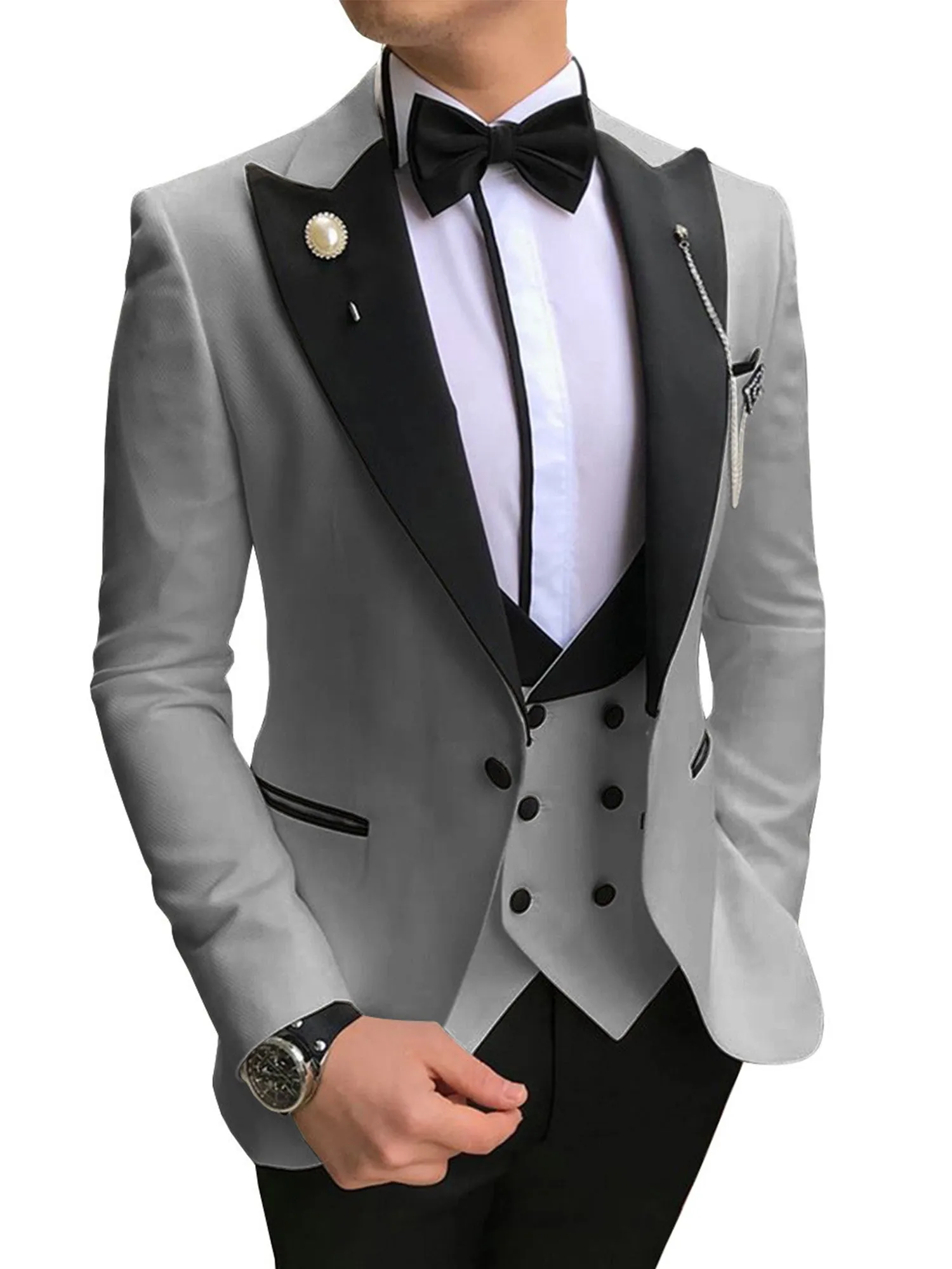 3 Piece Black Peak Lapel Single Breasted Men Suit