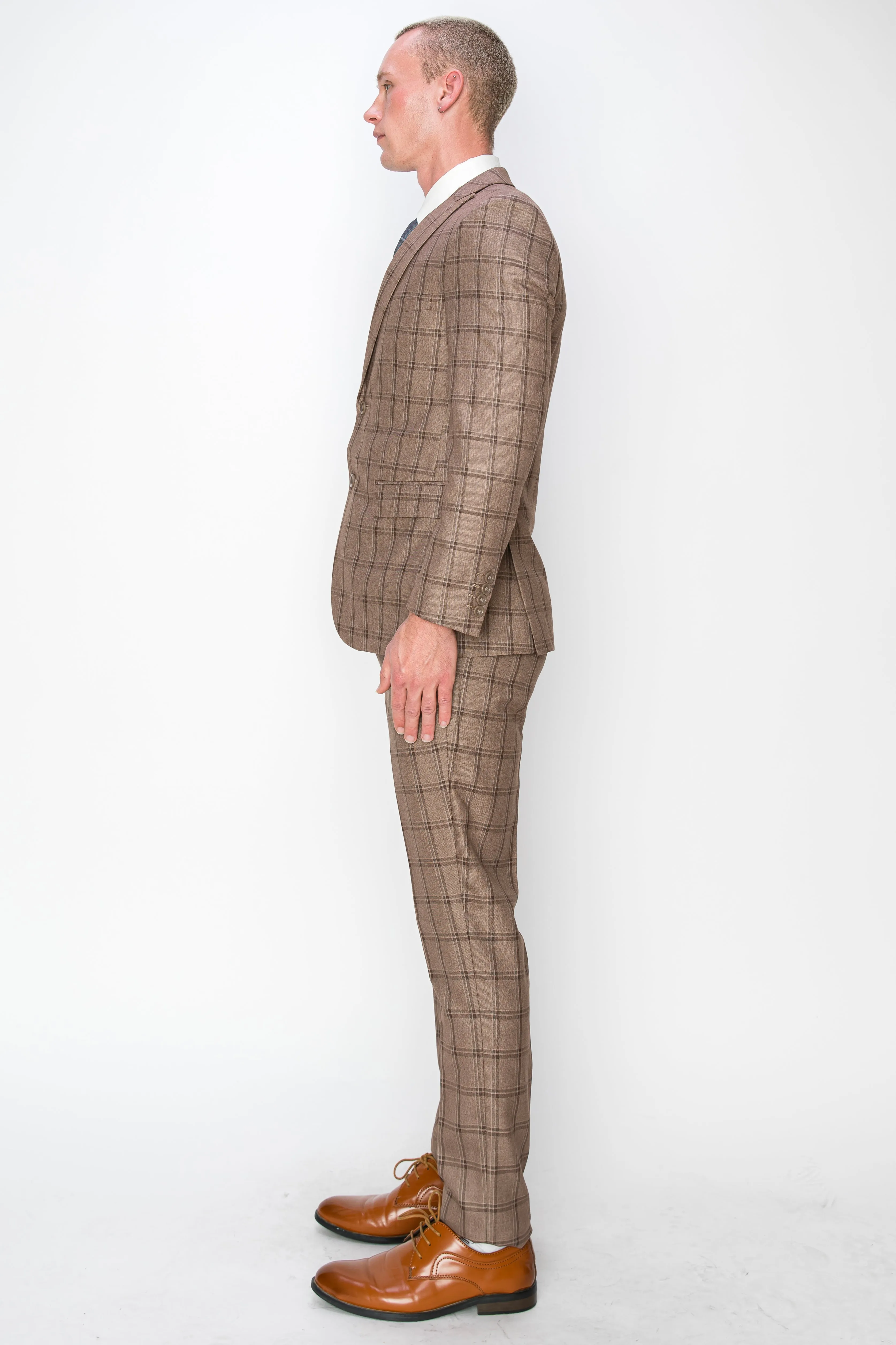 3 Piece Plaid Suit - Brown (072712)