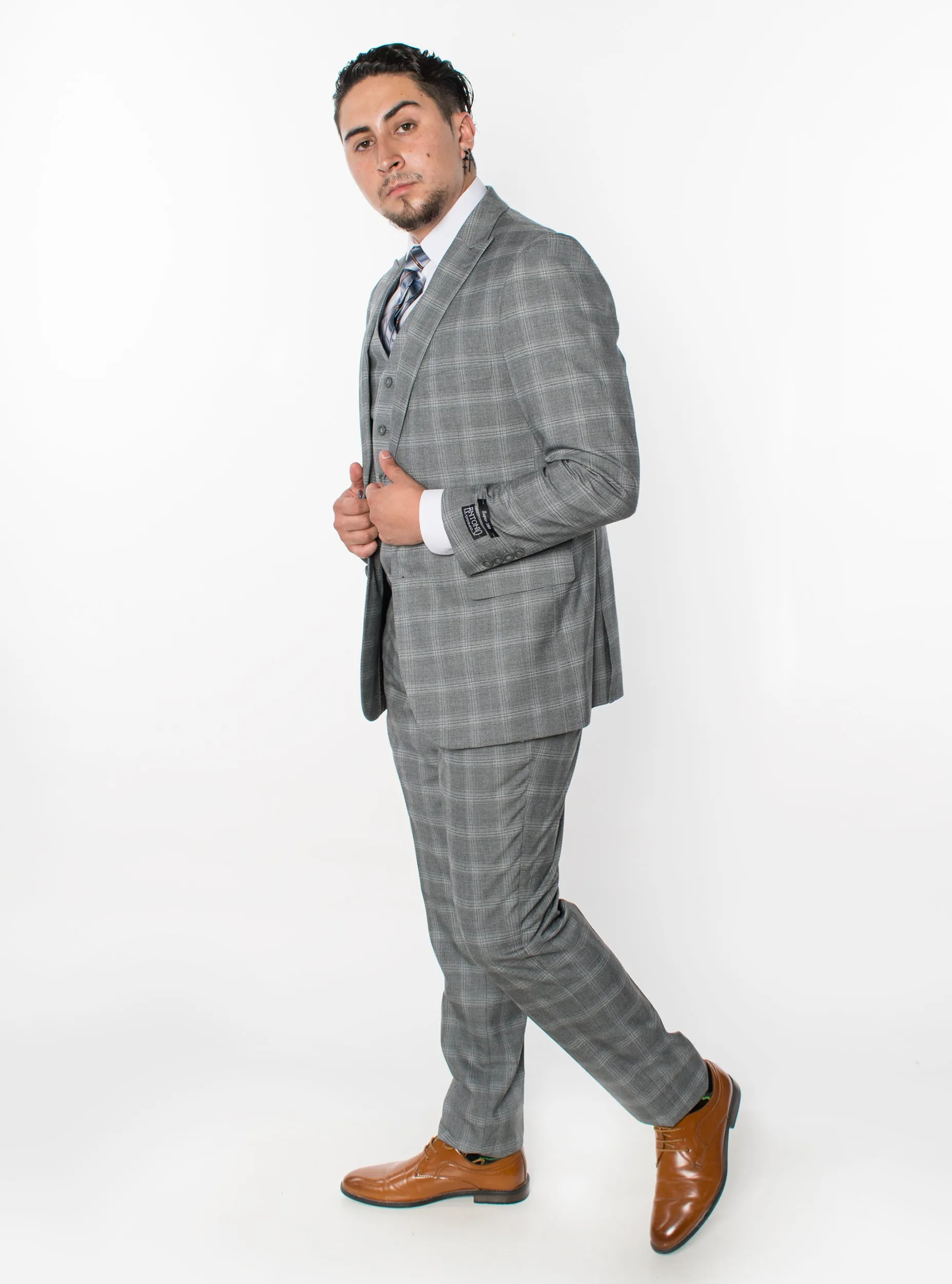 3 Piece Plaid Suit - Grey (230606)