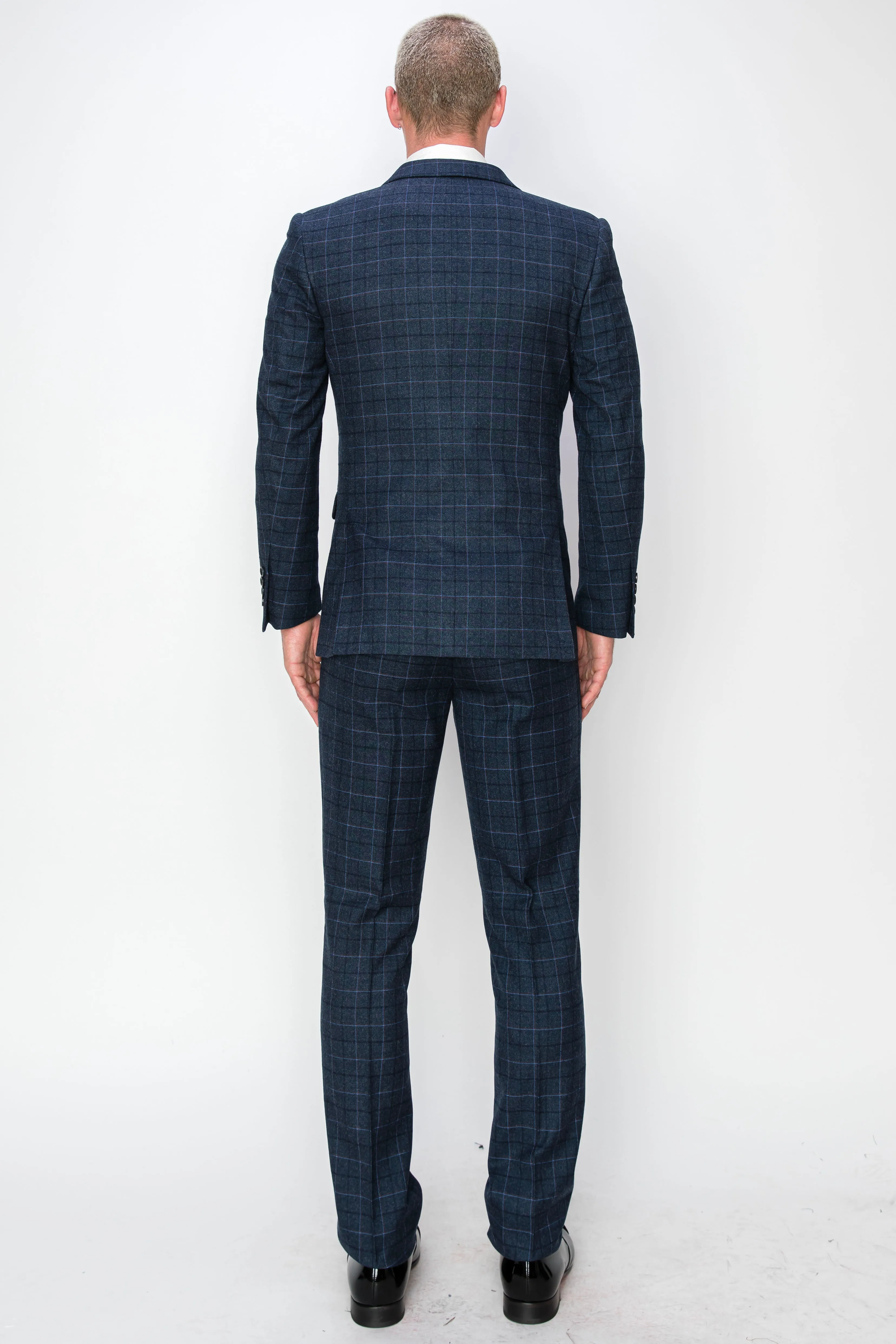 3 Piece Plaid Suit - Indigo Blue (150205)