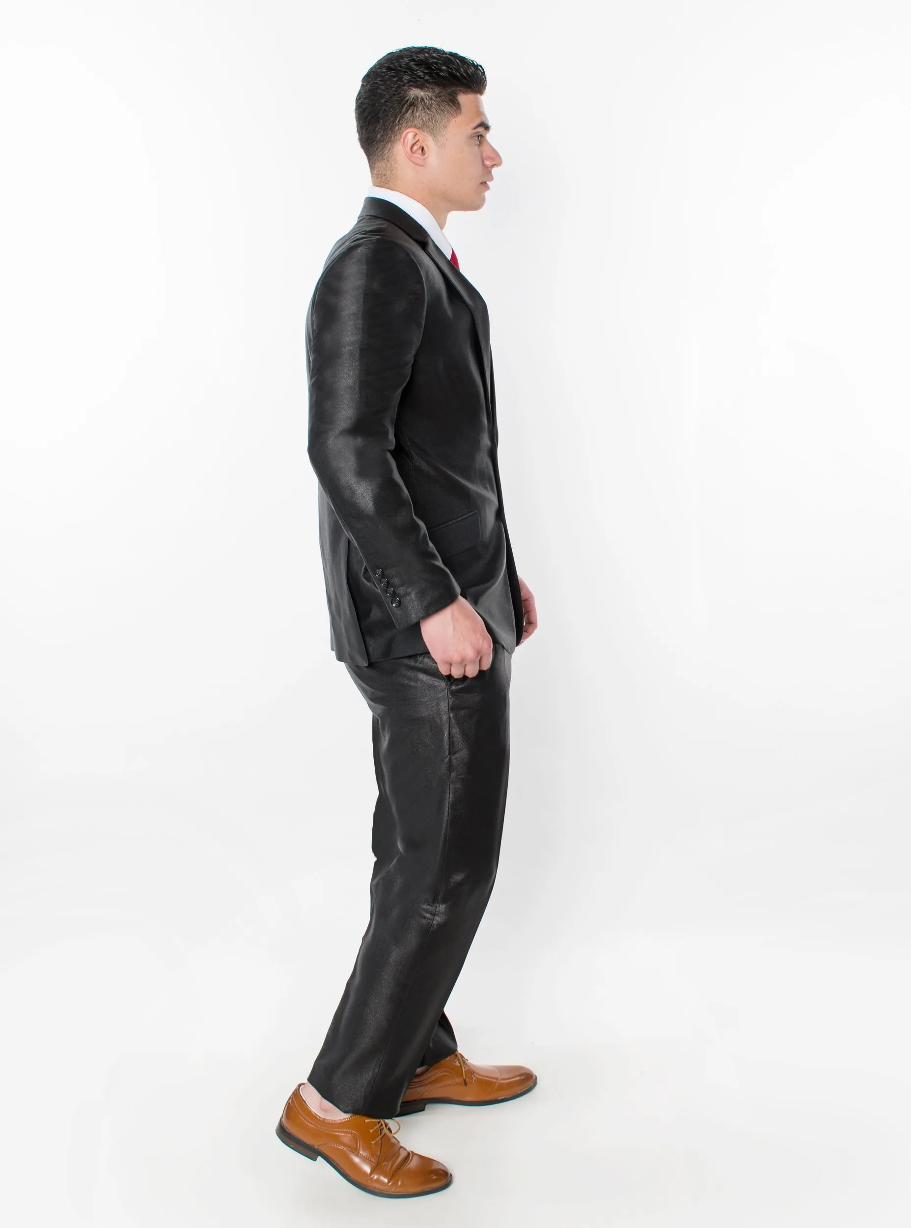 3 Piece Textured Suit - Shiny Black (040801)