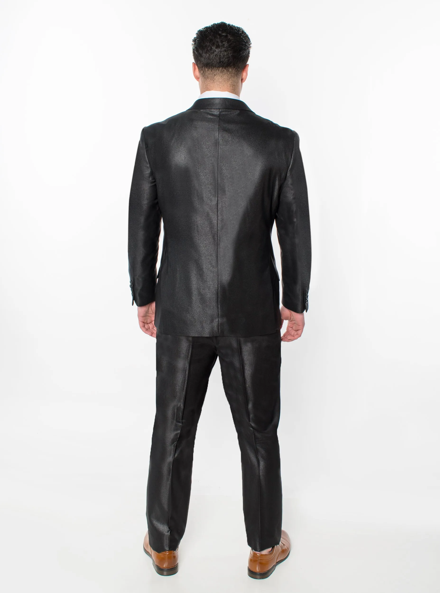 3 Piece Textured Suit - Shiny Black (040801)