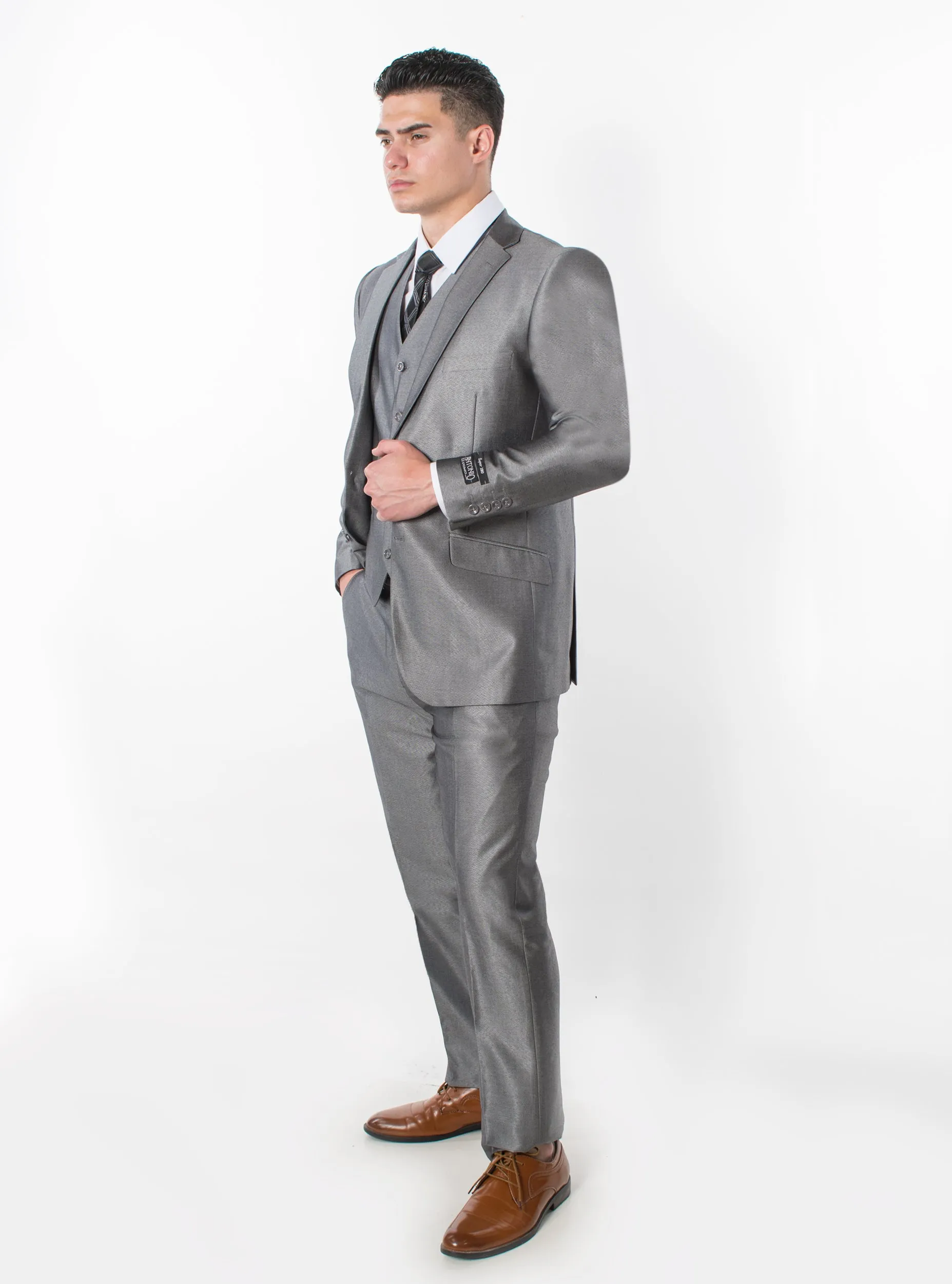 3 Piece Textured Suit - Shiny Grey (188906)