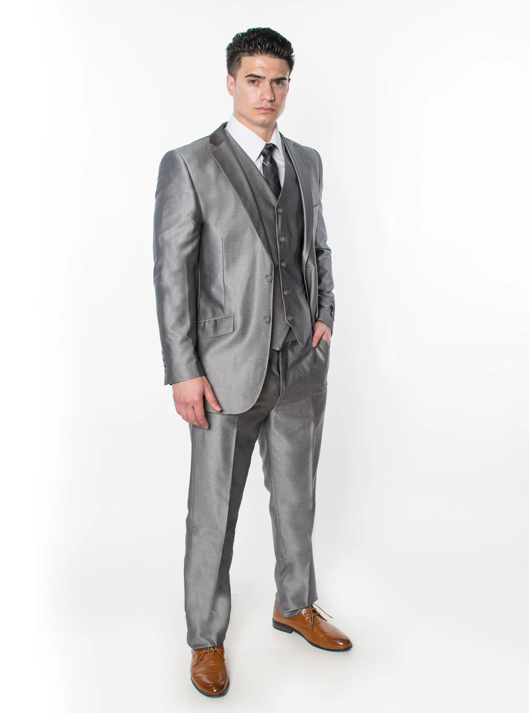 3 Piece Textured Suit - Shiny Grey (188906)