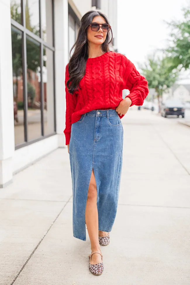 A Cozy Place Red Cable Knit Crew Neck Sweater