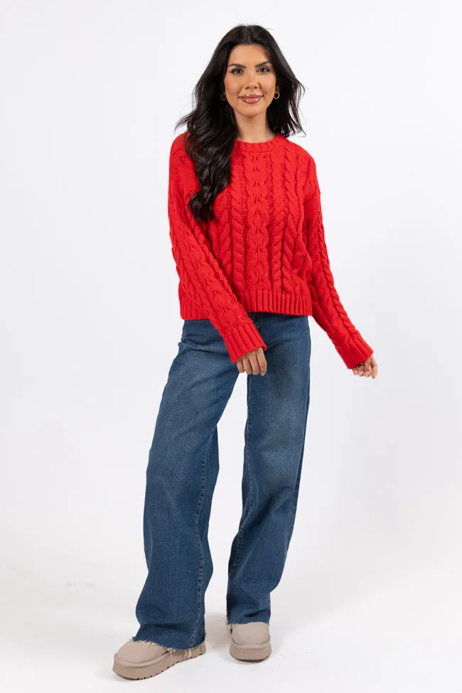 A Cozy Place Red Cable Knit Crew Neck Sweater