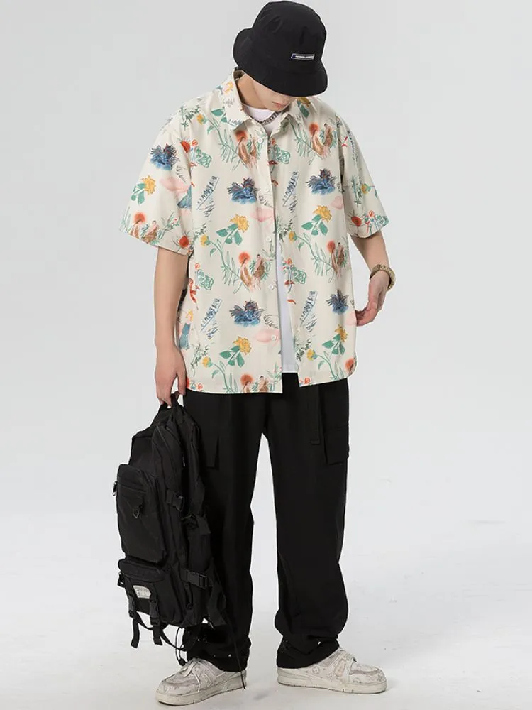 Aidase  Oversized  Spring Summer Flower Mens Loose and Versatile Trendy Shirt Couple Shirts Short Sleeve