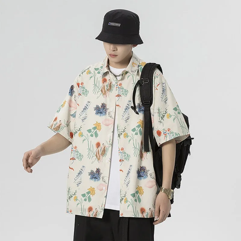 Aidase  Oversized  Spring Summer Flower Mens Loose and Versatile Trendy Shirt Couple Shirts Short Sleeve