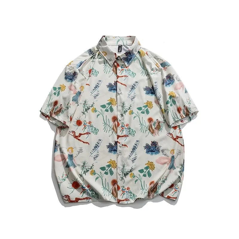 Aidase  Oversized  Spring Summer Flower Mens Loose and Versatile Trendy Shirt Couple Shirts Short Sleeve