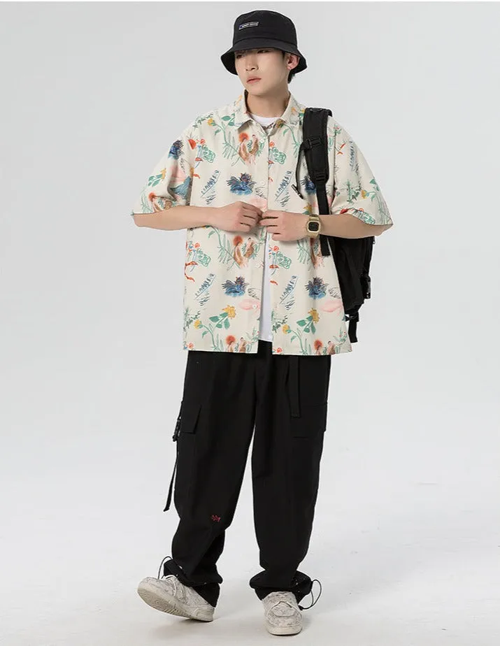 Aidase  Oversized  Spring Summer Flower Mens Loose and Versatile Trendy Shirt Couple Shirts Short Sleeve