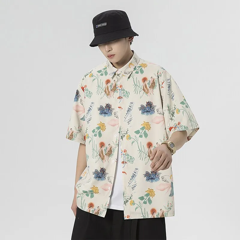 Aidase  Oversized  Spring Summer Flower Mens Loose and Versatile Trendy Shirt Couple Shirts Short Sleeve