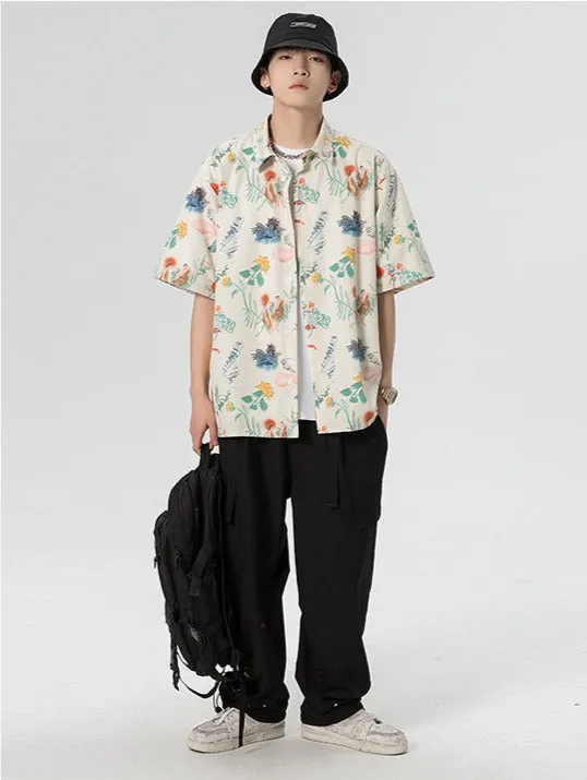 Aidase  Oversized  Spring Summer Flower Mens Loose and Versatile Trendy Shirt Couple Shirts Short Sleeve