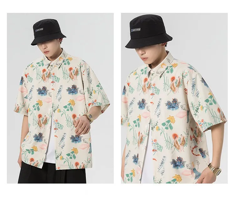 Aidase  Oversized  Spring Summer Flower Mens Loose and Versatile Trendy Shirt Couple Shirts Short Sleeve