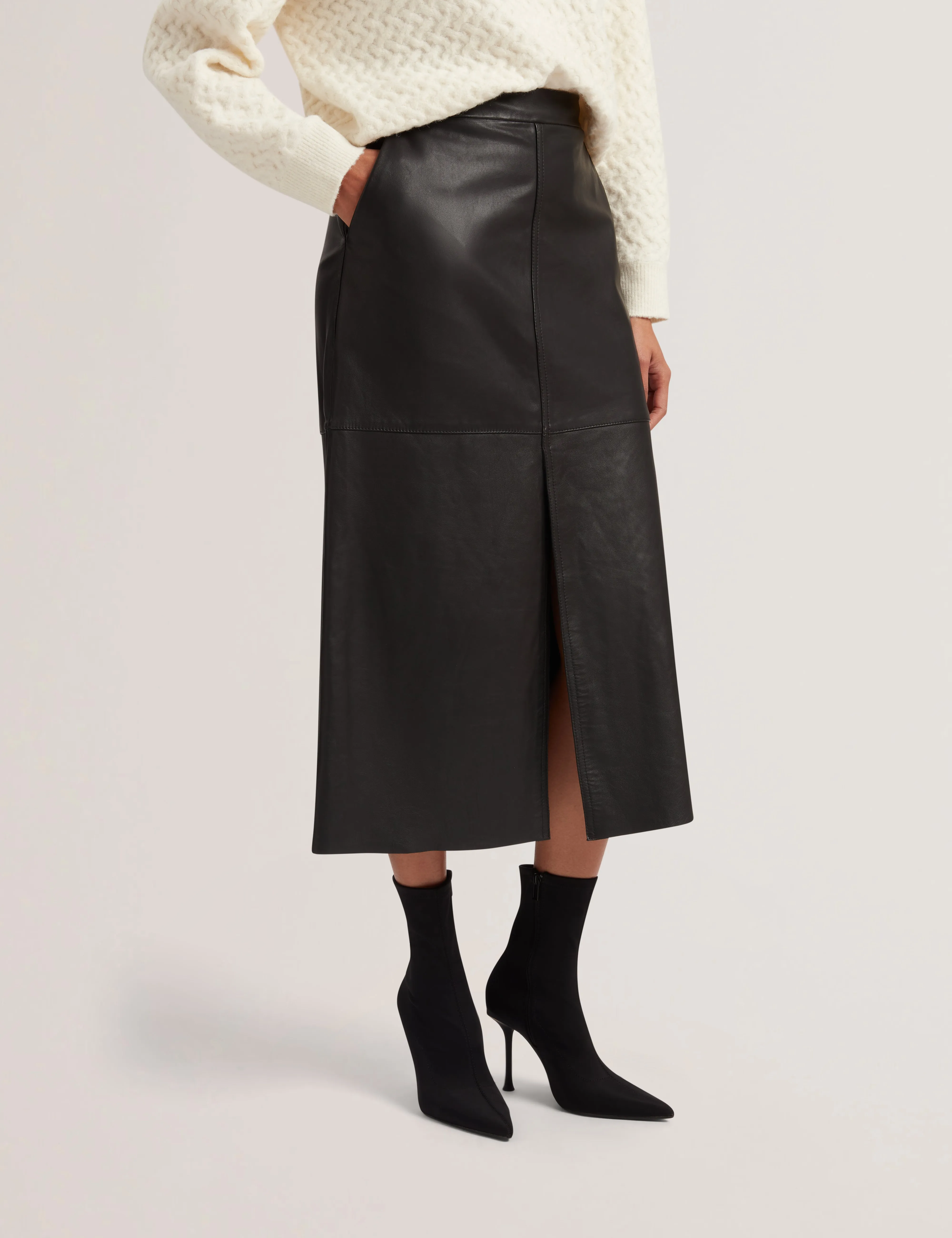 Aoto Leather Midi Skirt With Centre Front Black