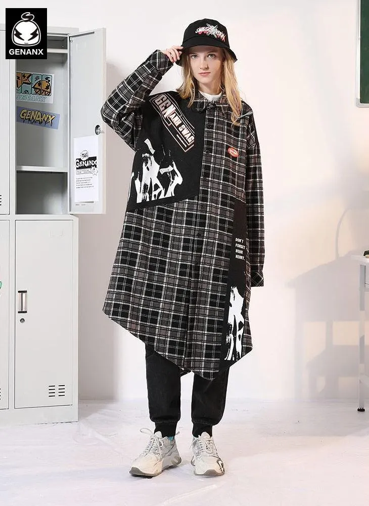 Asymmetric Hem Color Block Plaid Printed Shirt