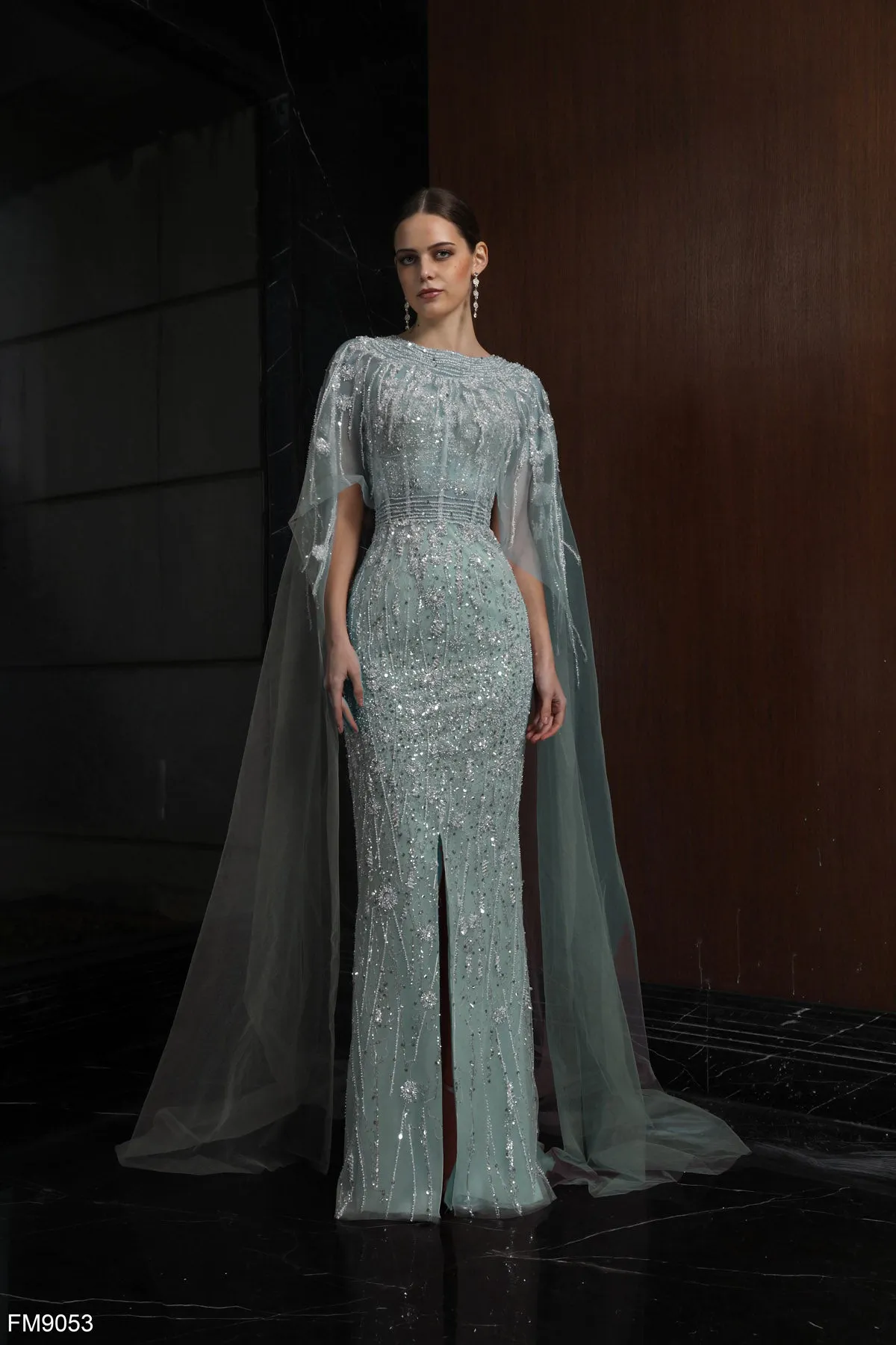 Azzure Couture: Glamorous Beaded Gown with Sheer Cape