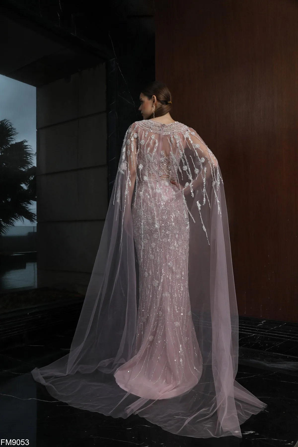 Azzure Couture: Glamorous Beaded Gown with Sheer Cape