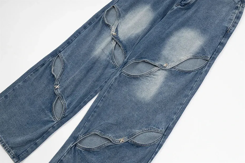 Blue Cut-Out Distressed Wide-Leg Jeans