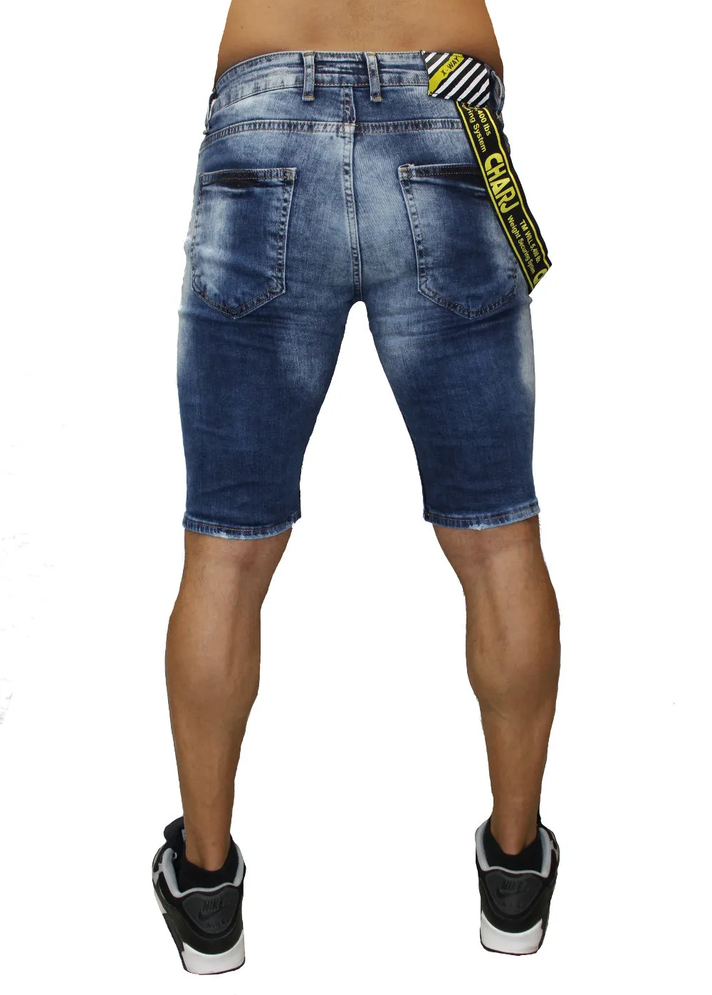 Blue Washed Distress Denim Shorts With Side Suspenders