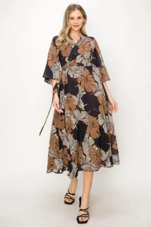 Brown Sleeve Wrap V-Neck Maxi Dress