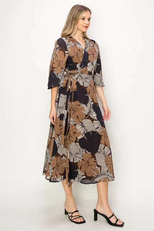 Brown Sleeve Wrap V-Neck Maxi Dress