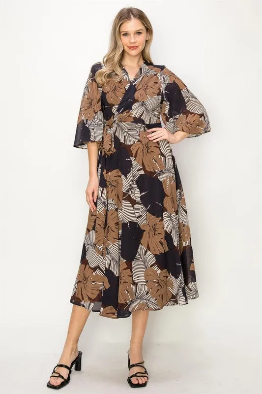 Brown Sleeve Wrap V-Neck Maxi Dress