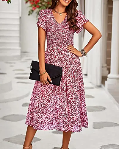 BTFBM Women Casual Summer Short Ruffles Tiered Sleeve Smocked Midi Dresses Bohemian Floral V Neck Wedding Guest Long Dresses(Floral Wine Red,X-Large)