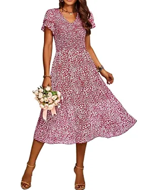 BTFBM Women Casual Summer Short Ruffles Tiered Sleeve Smocked Midi Dresses Bohemian Floral V Neck Wedding Guest Long Dresses(Floral Wine Red,X-Large)