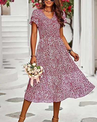 BTFBM Women Casual Summer Short Ruffles Tiered Sleeve Smocked Midi Dresses Bohemian Floral V Neck Wedding Guest Long Dresses(Floral Wine Red,X-Large)