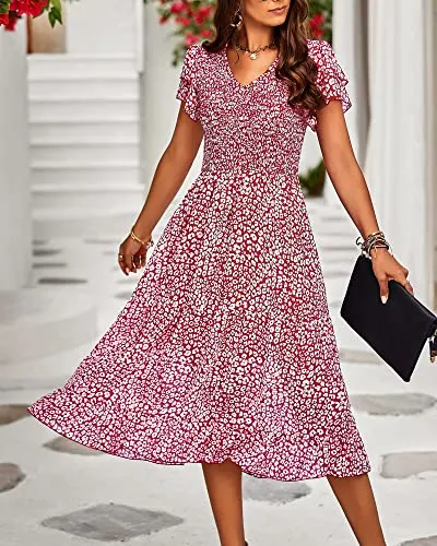 BTFBM Women Casual Summer Short Ruffles Tiered Sleeve Smocked Midi Dresses Bohemian Floral V Neck Wedding Guest Long Dresses(Floral Wine Red,X-Large)