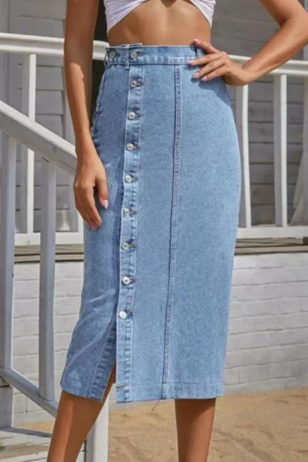 Button Fly Slit Light Blue Denim Midi Skirt