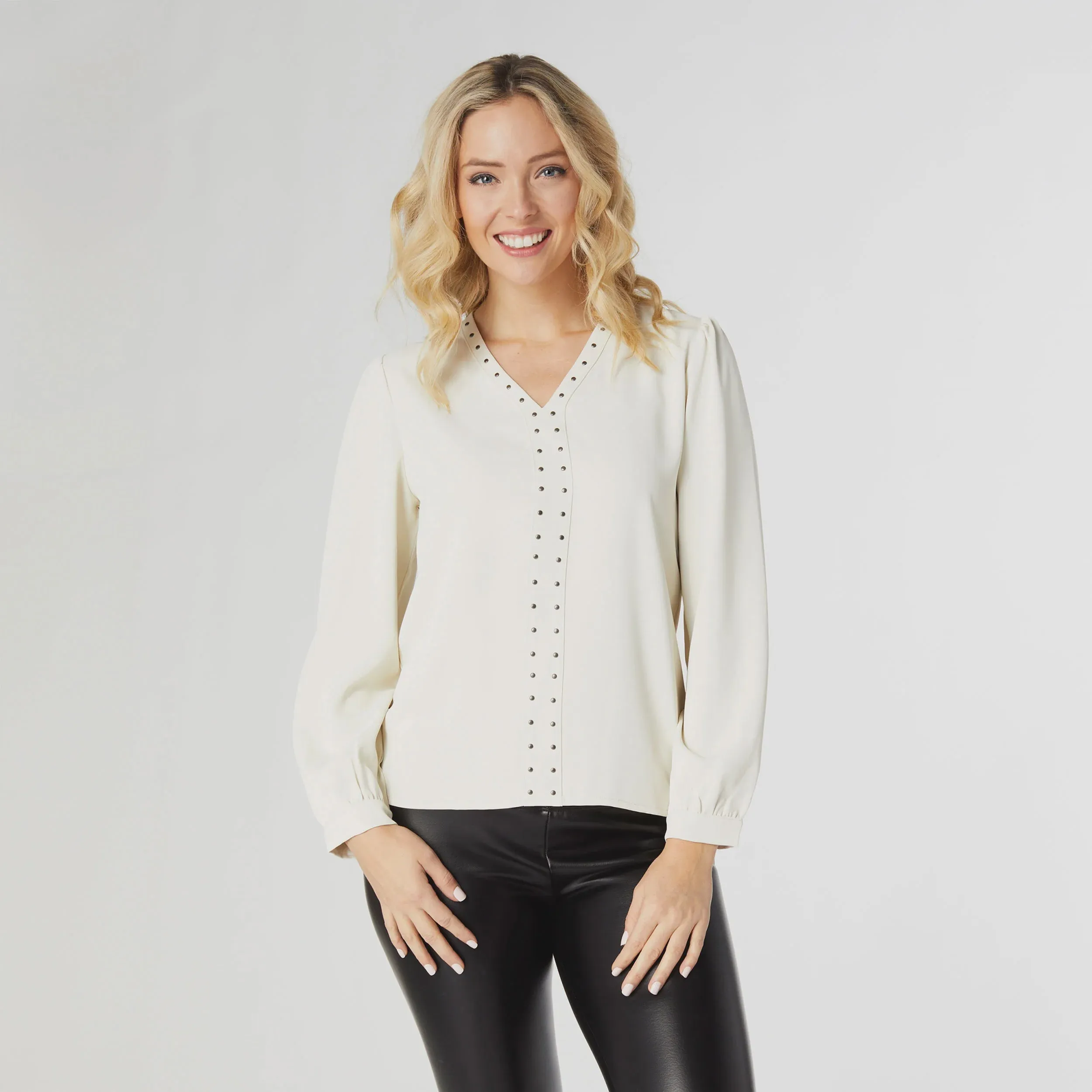 Chloe V-Neck Blouse with Studs | Cement