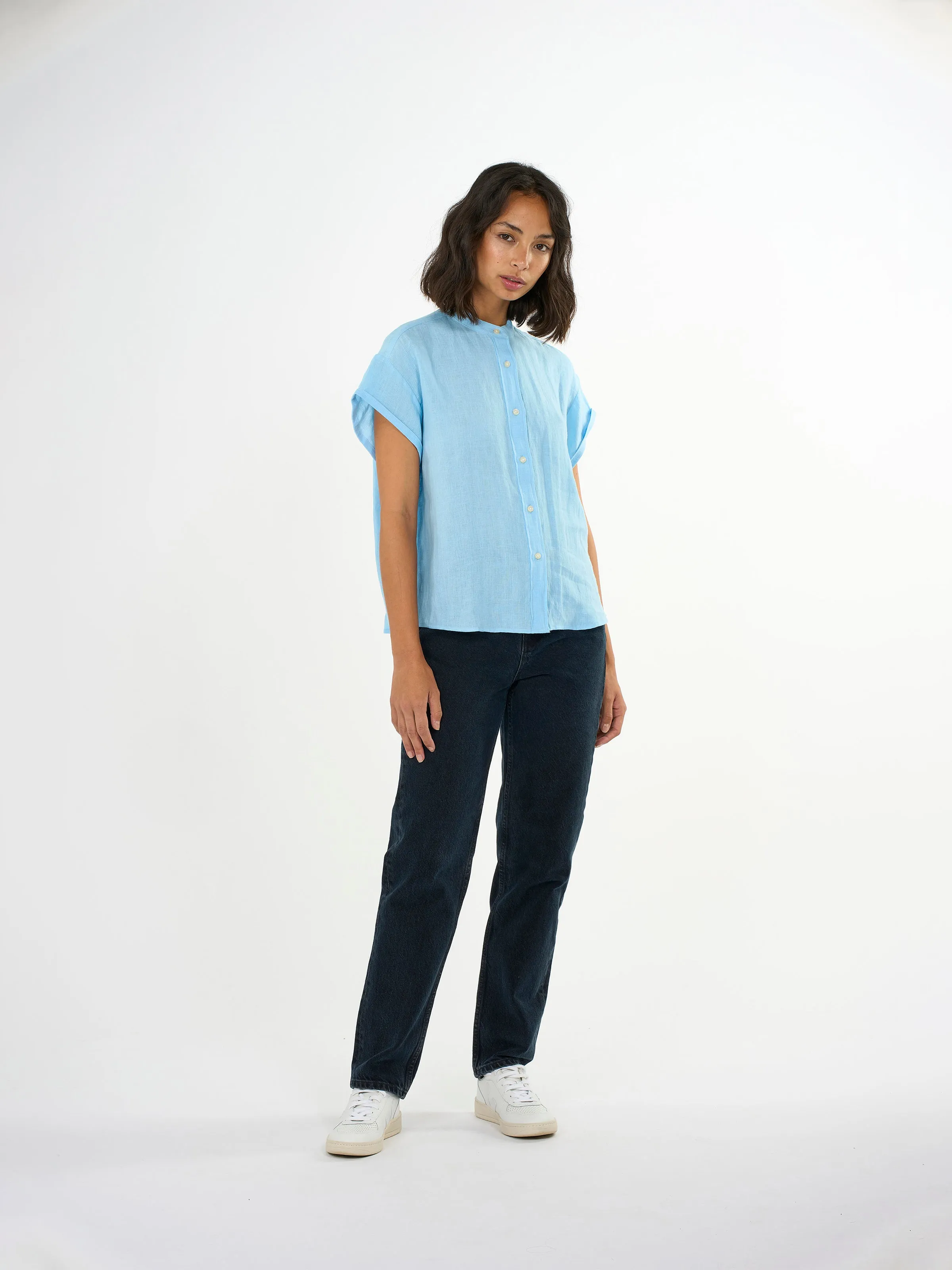 Collar stand short sleeve linen shirt - Airy Blue