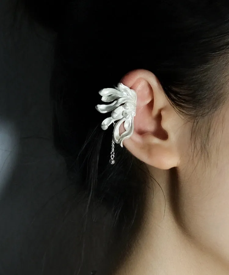 DIY Light Grey Sterling Silver Petal Tassel Stud Earrings PO025