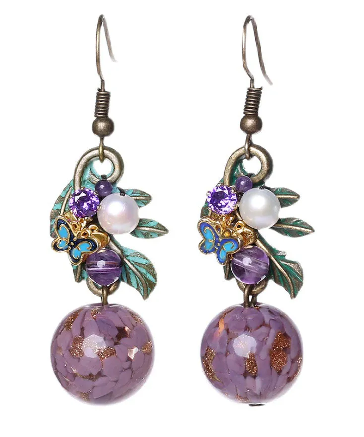 Elegant Purple Sterling Silver Zircon Jade Crystal Cloisonne Coloured Glaze Drop Earrings LY9171