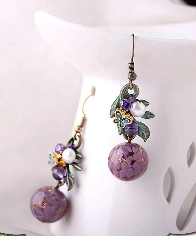 Elegant Purple Sterling Silver Zircon Jade Crystal Cloisonne Coloured Glaze Drop Earrings LY9171