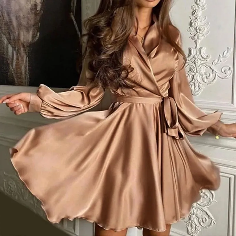 Elegant Sexy Ladies' A Line Lantern Sleeve Satin Dress With Sashes