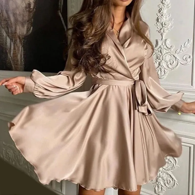 Elegant Sexy Ladies' A Line Lantern Sleeve Satin Dress With Sashes