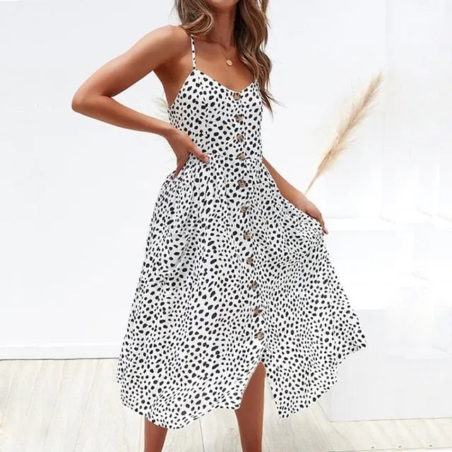 Elegant Sleeveless Leopard Floral Printed Strap Midi Dress