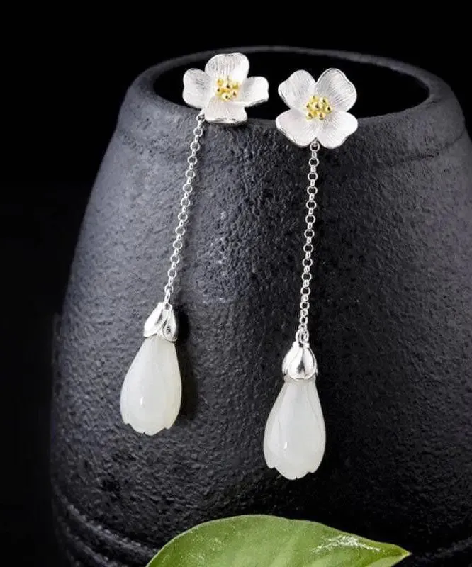 Elegant White Sterling Silver Inlaid Jade Floral Drop Earrings LY8623