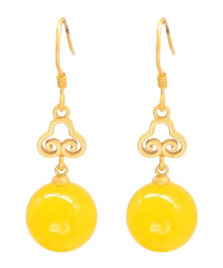 Elegant Yellow Silver Inlaid Beeswax Ball Drop Earrings