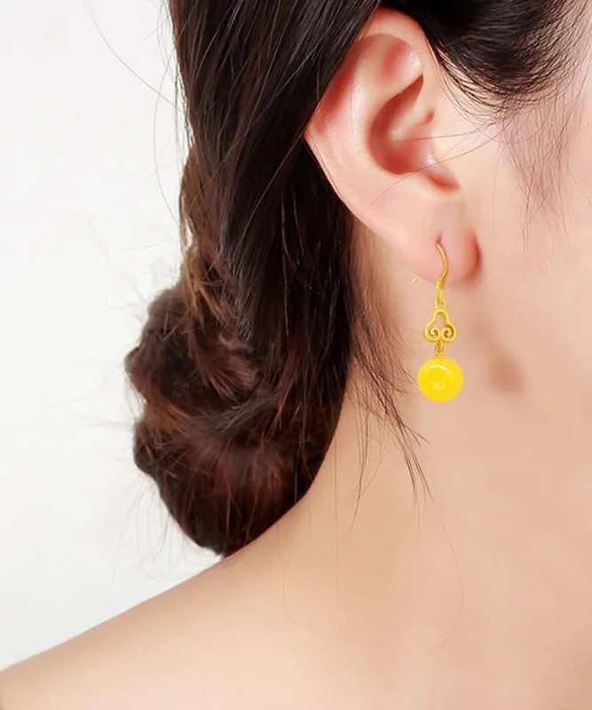 Elegant Yellow Silver Inlaid Beeswax Ball Drop Earrings