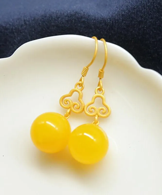 Elegant Yellow Silver Inlaid Beeswax Ball Drop Earrings