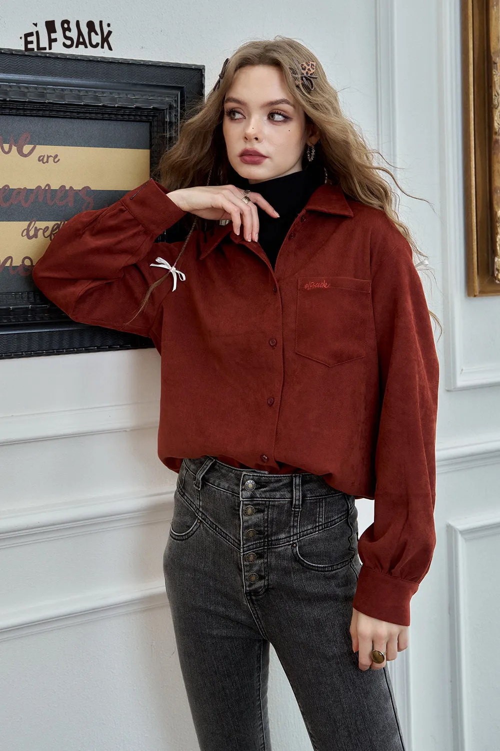 ELFSACK 2024 Winter New Arrivals Embroidered shirt for women, versatile commuter top